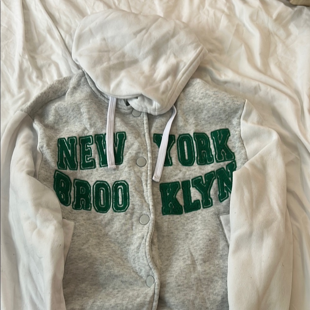 Gray and White Women's Jacket with Green Lettering